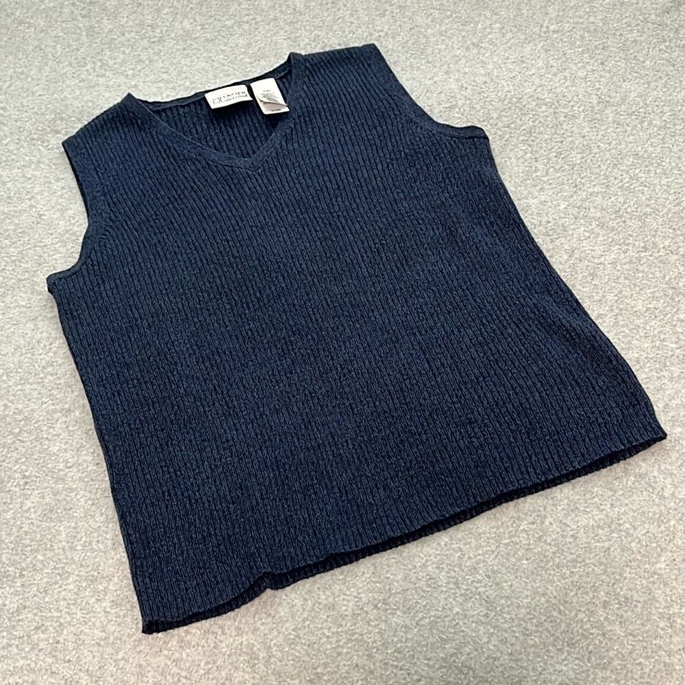 Vintage Y2K Preppy Sweater Vest Medium Petite Blue Ribbed V Neck Academia Office